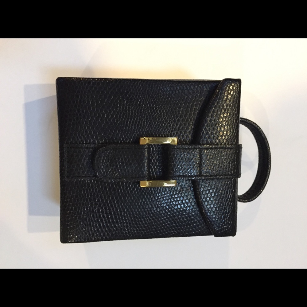 Textured Black Leather Wristlet Card Holder with Gold Accent